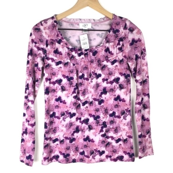 LOFT Top Floral Ruffle Neckline Long Sleeve Lightweight Tie Dye Petite Size XXSP - Picture 1 of 6